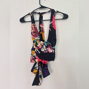 FREE PEOPLE SATIN BLACK FLORAL TIE TUBE TOP SZ SMALL